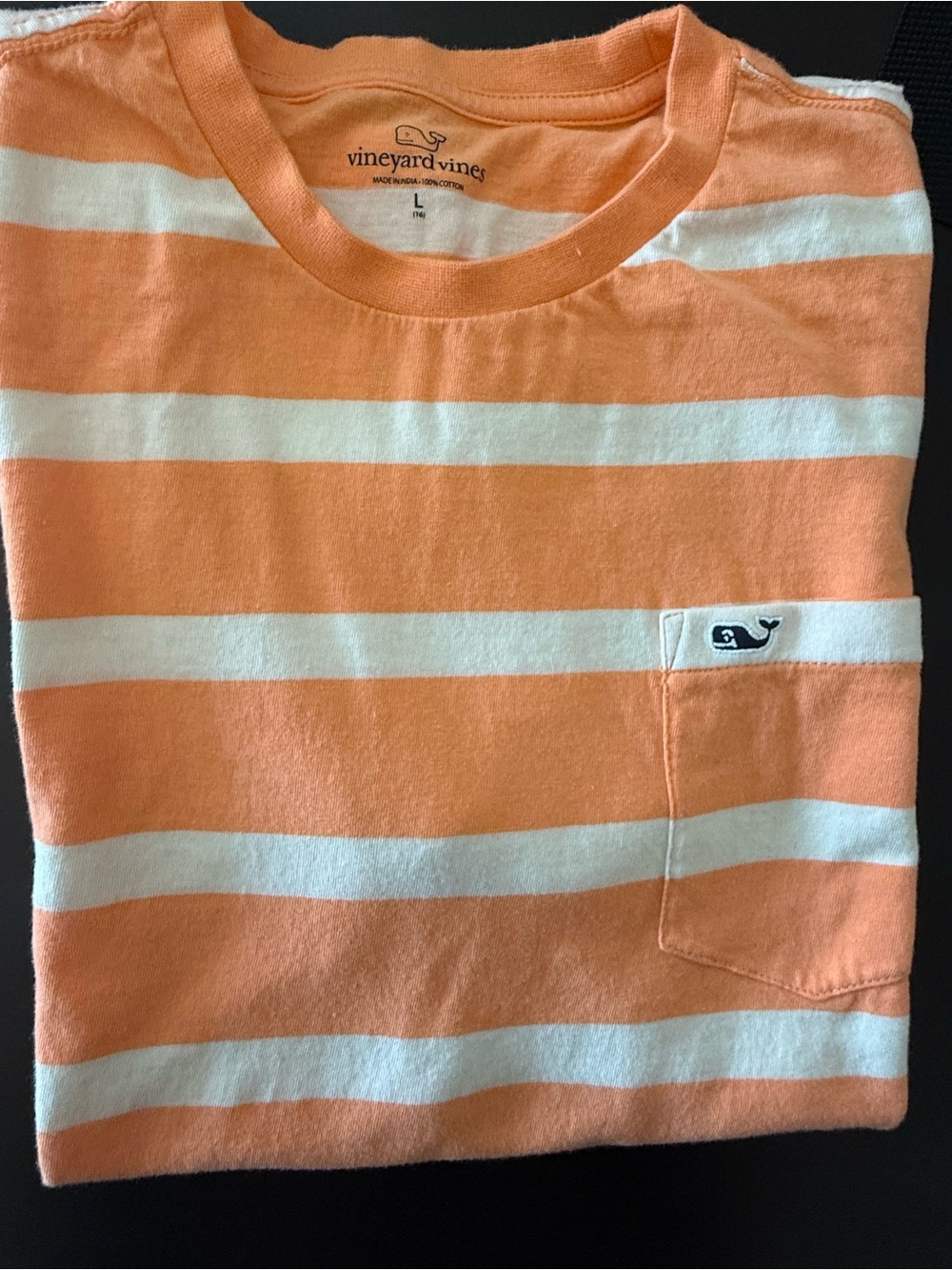 Vineyard Vines Boys Orange and White Striped Pocket Tee- Size L